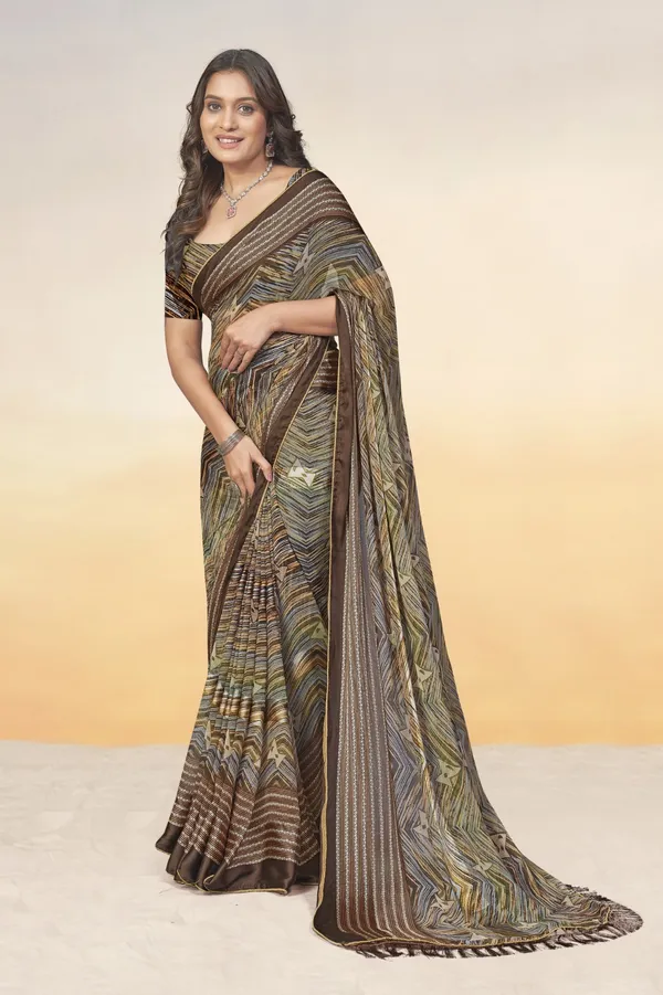 Printed_Georgette_Saree_With_Blouse_-_Brown_And_Green_Striped_Pattern