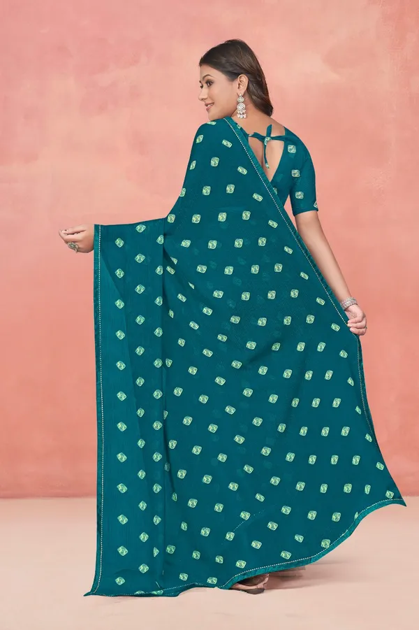 Teal_Green_Foil_Printed_Saree_With_Blouse