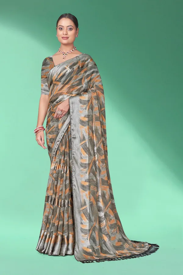 Grey_&_Orange_Printed_Linen_Saree_With_Tassels