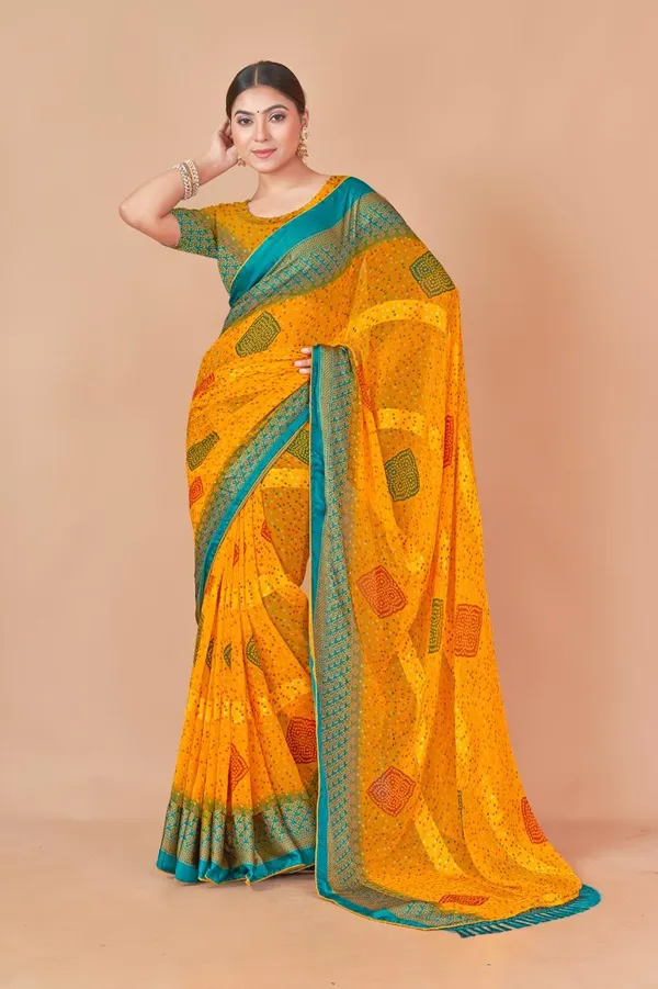 Yellow_Bandhani_Silk_Saree_With_Teal_Border_And_Multicolor_Motifs