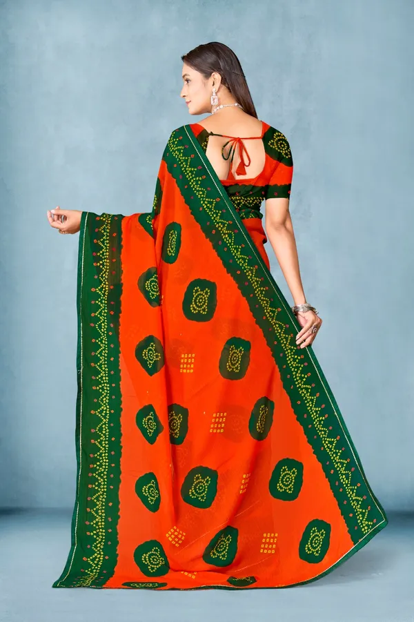 Orange_And_Green_Bandhani_Print_Saree_With_Embellished_Border
