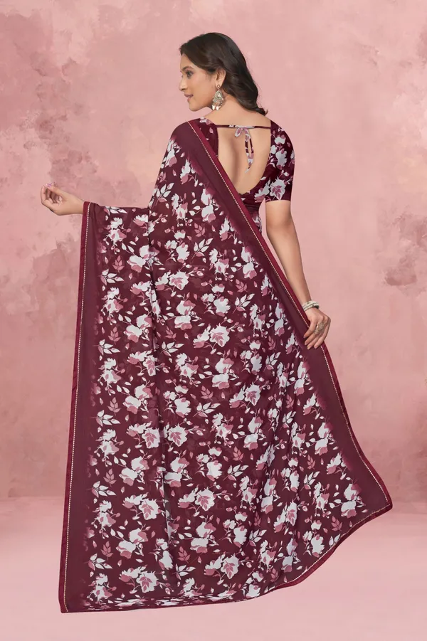 Maroon_Floral_Print_Saree_With_Matching_Blouse