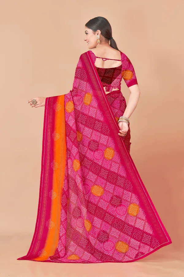 Orange_And_Pink_Bandhani_Print_Saree_With_Blouse