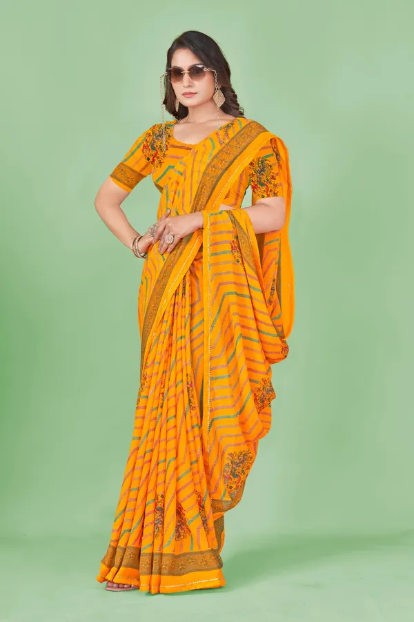 Yellow_Leheriya_Print_Georgette_Saree_With_Floral_Embroidery_And_Border