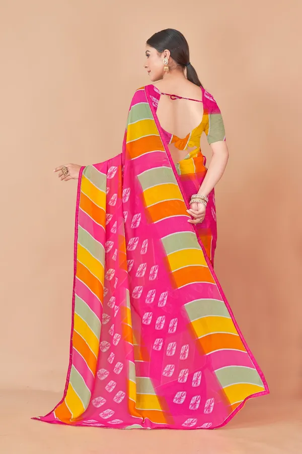 Vibrant_Pink_And_Yellow_Striped_Leheriya_Saree_With_Traditional_Motifs