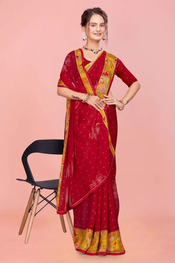 Red_Georgette_Saree_With_Golden_Zari_Border_And_Embroidered_Pallu