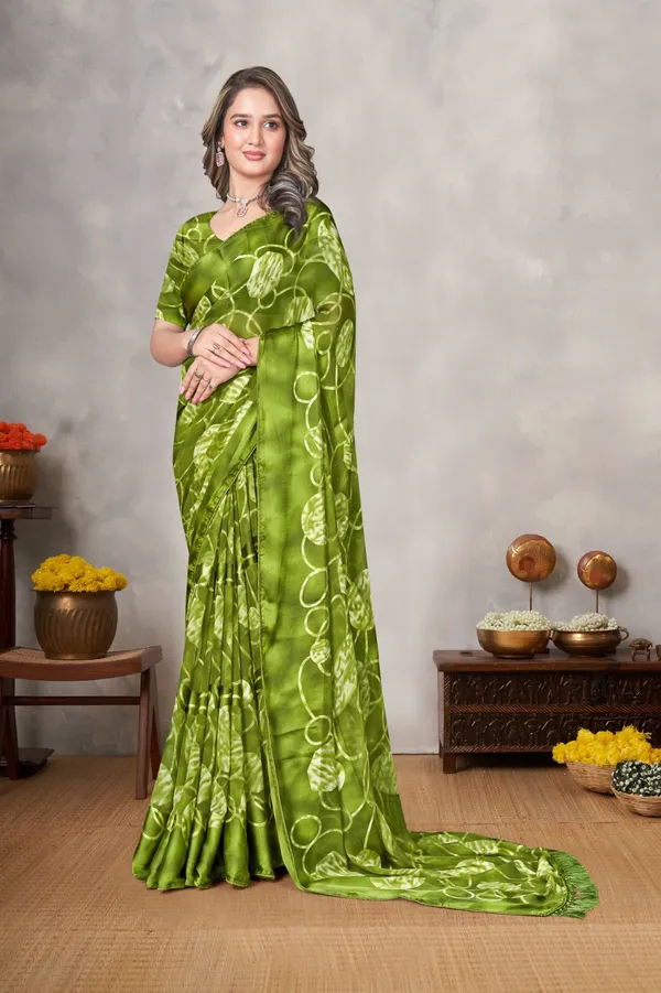 Olive_Green_Satin_Silk_Saree_With_Floral_Print