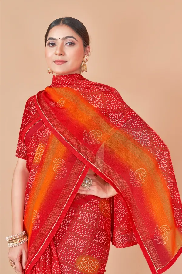 Red_And_Orange_Bandhani_Saree_With_Blouse