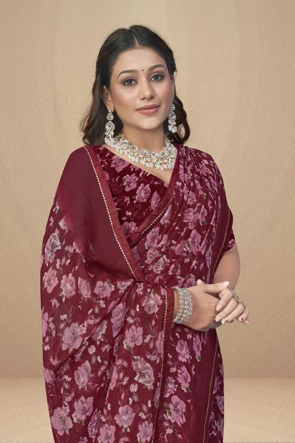 Maroon_Floral_Print_Georgette_Saree_With_Blouse