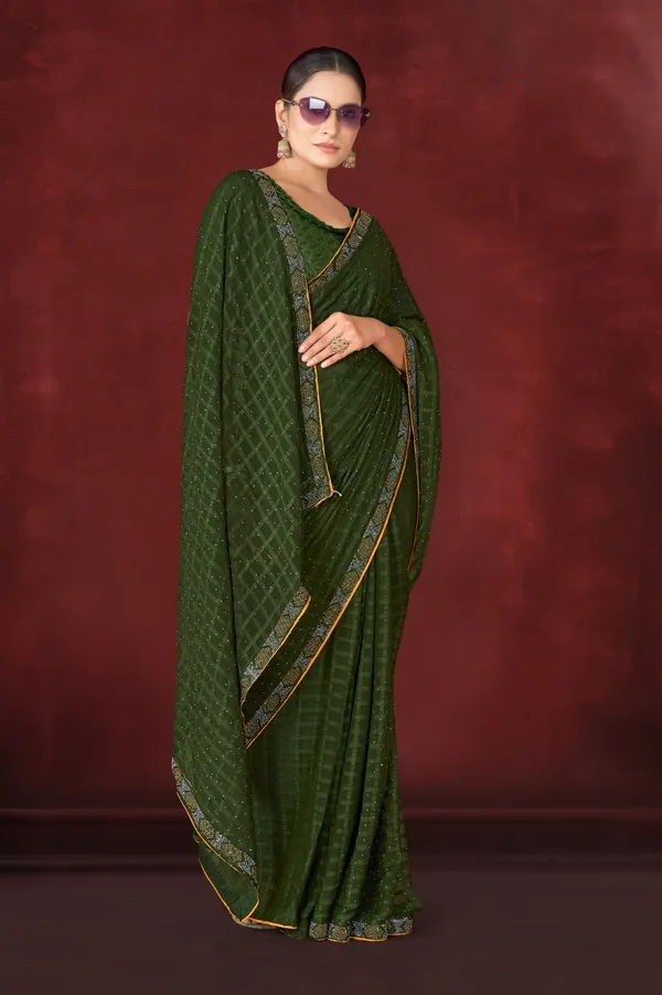 Dark_Green_Sequin_Embellished_Georgette_Saree_With_Golden_Border