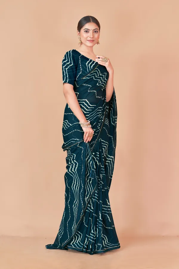 Teal_Blue_Bandhani_Print_Saree_With_Blouse