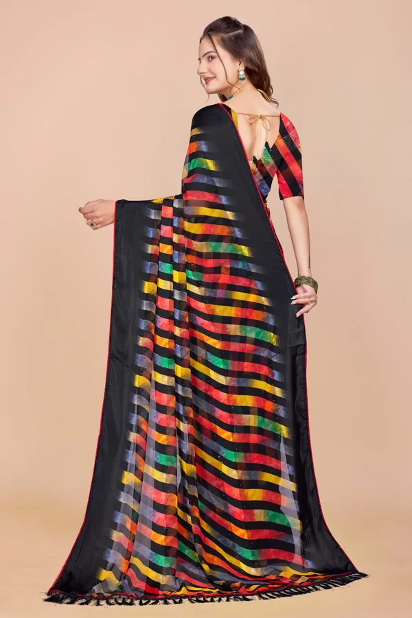 Black_Multicolor_Striped_Satin_Silk_Saree_With_Printed_Border