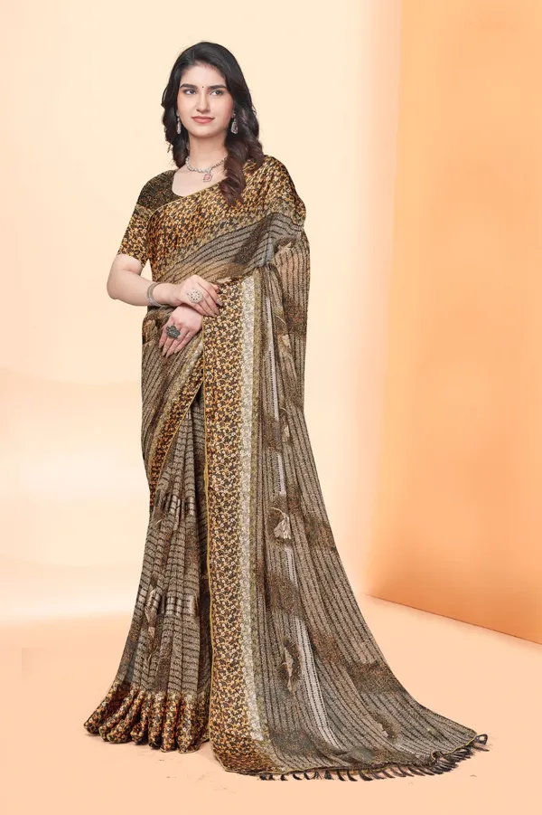 Brown_And_Gold_Printed_Saree_With_Sequin_Border_And_Tassels