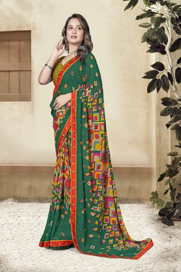 Green_Traditional_Printed_Saree_With_Colorful_Geometric_Pattern_And_Red_Border
