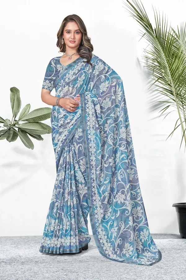 Blue_Floral_Print_Georgette_Saree_With_Embroidered_Border