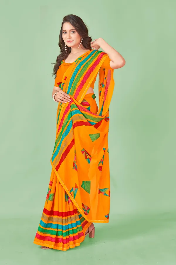 Vibrant_Orange_Saree_With_Geometric_Applique_Work_And_Striped_Border