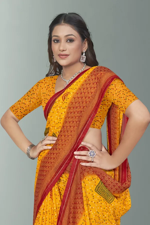 Yellow_Bandhani_Print_Saree_With_Red_Border_And_Blouse