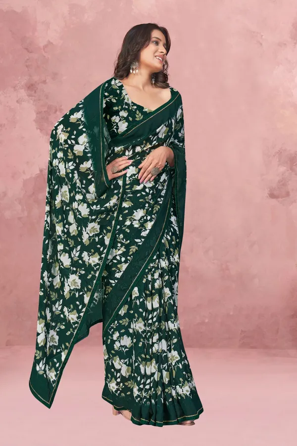 Dark_Green_Floral_Print_Saree_With_Solid_Border