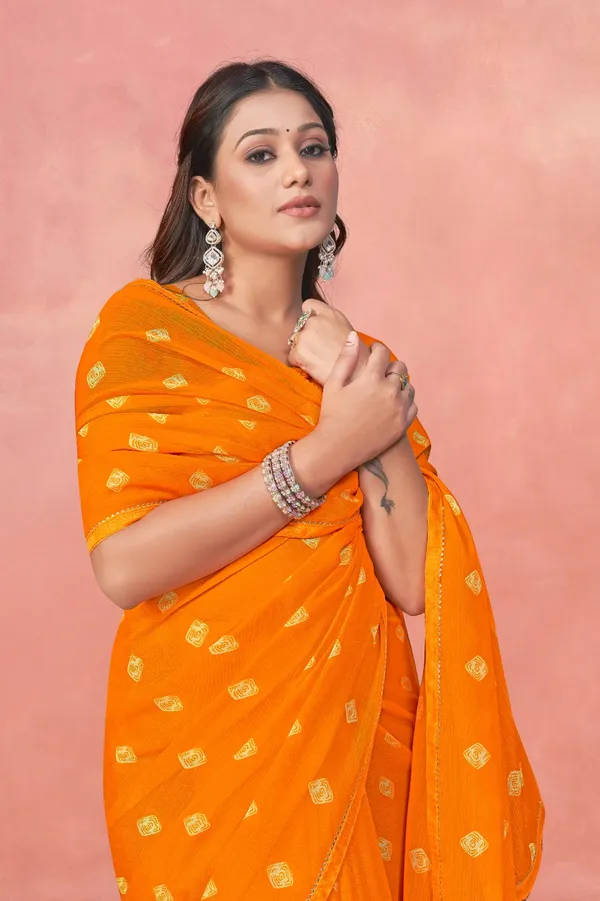 Orange_Bandhani_Georgette_Saree_With_Golden_Buttis
