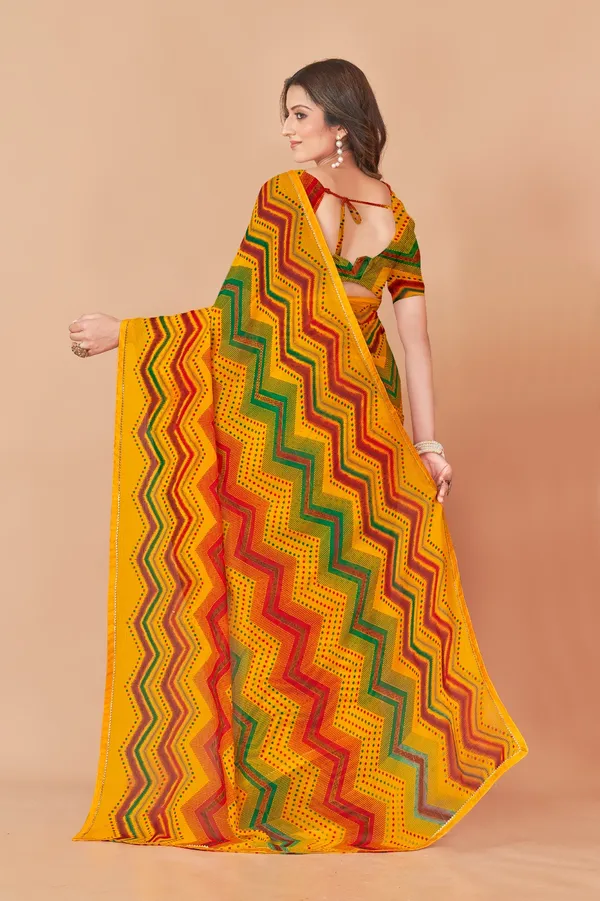 Yellow_Multicolor_Bandhani_Print_Georgette_Saree_With_Blouse