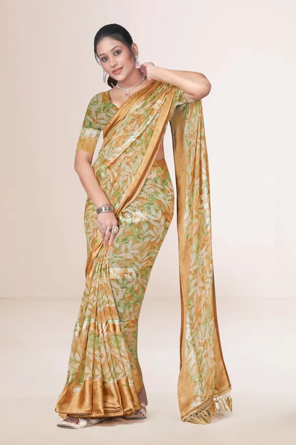 Mustard_Yellow_Floral_Print_Banarasi_Silk_Saree_With_Golden_Border