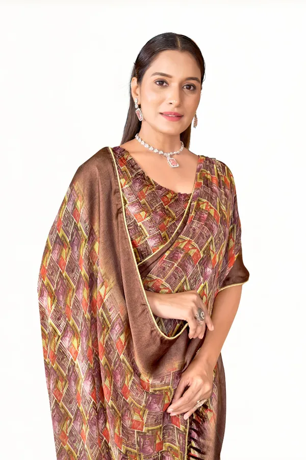 Brown_Geometric_Print_Silk_Saree_With_Matching_Blouse
