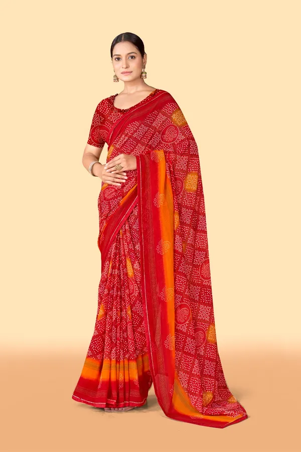Red_And_Orange_Bandhani_Print_Saree_With_Golden_Border