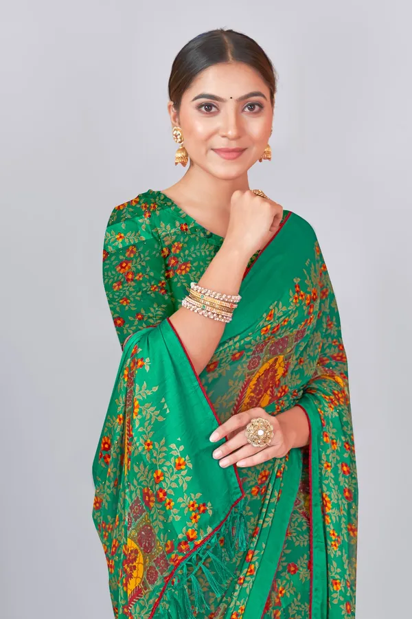 Green_Floral_Printed_Saree_With_Matching_Blouse