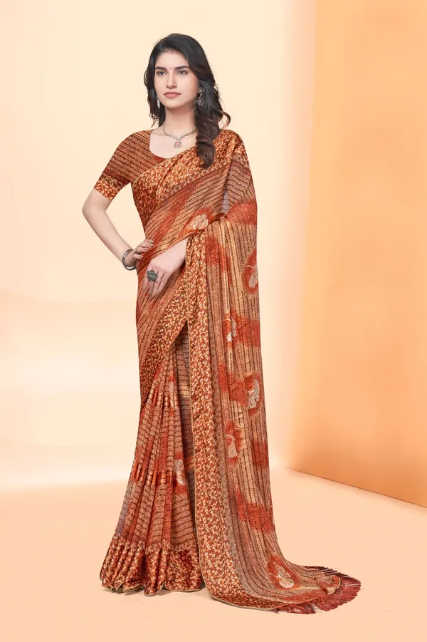 Designer_Orange_Printed_Saree_With_Matching_Blouse