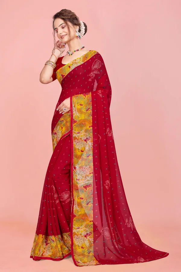 Red_Georgette_Saree_With_Golden_Zari_Border_And_Embroidered_Pallu