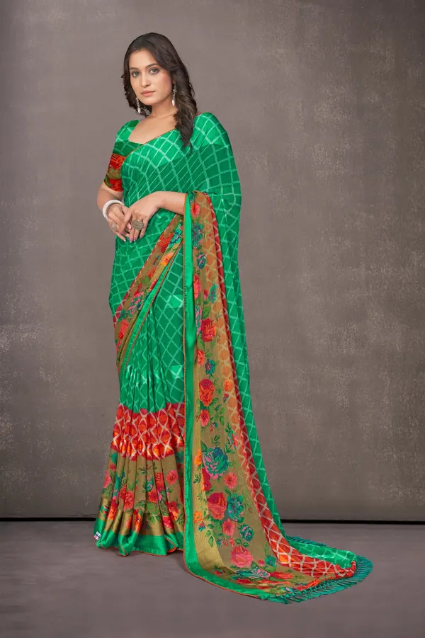 Multicolour_Silk_Saree_With_Floral_Dupatta_And_Checkered_Pattern