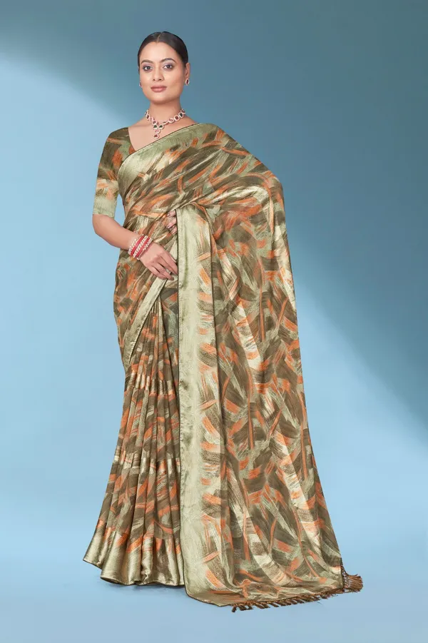 Olive_Green_Abstract_Print_Silk_Saree_With_Matching_Blouse