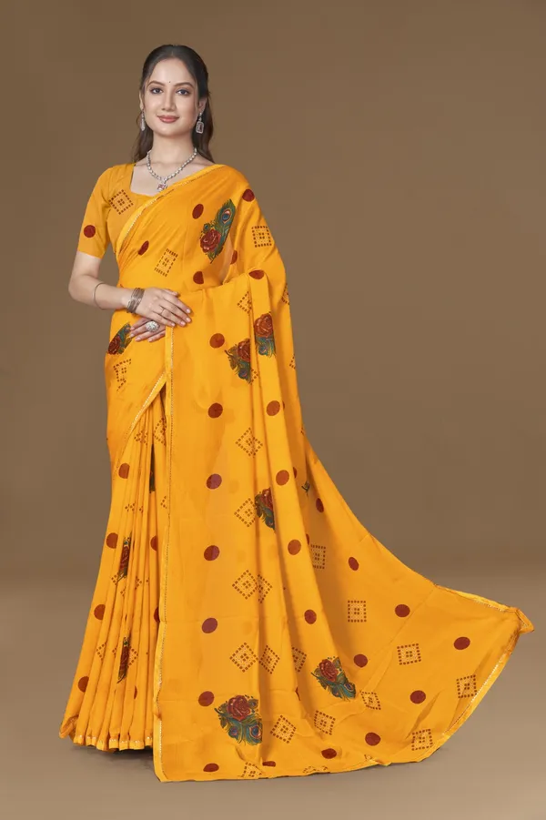 Yellow_Bandhani_Saree_With_Floral_Embroidery_And_Maroon_Polka_Dots