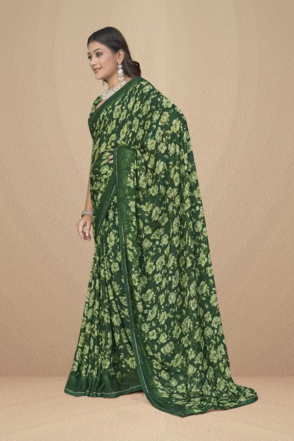 Green_Floral_Print_Georgette_Saree_With_Matching_Blouse