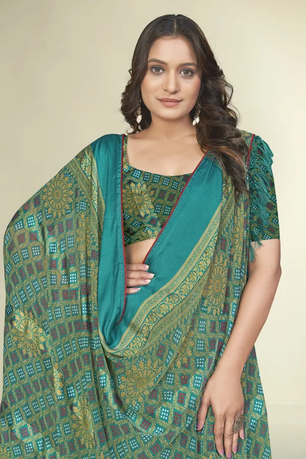 Teal_Green_Printed_Saree_With_Matching_Blouse
