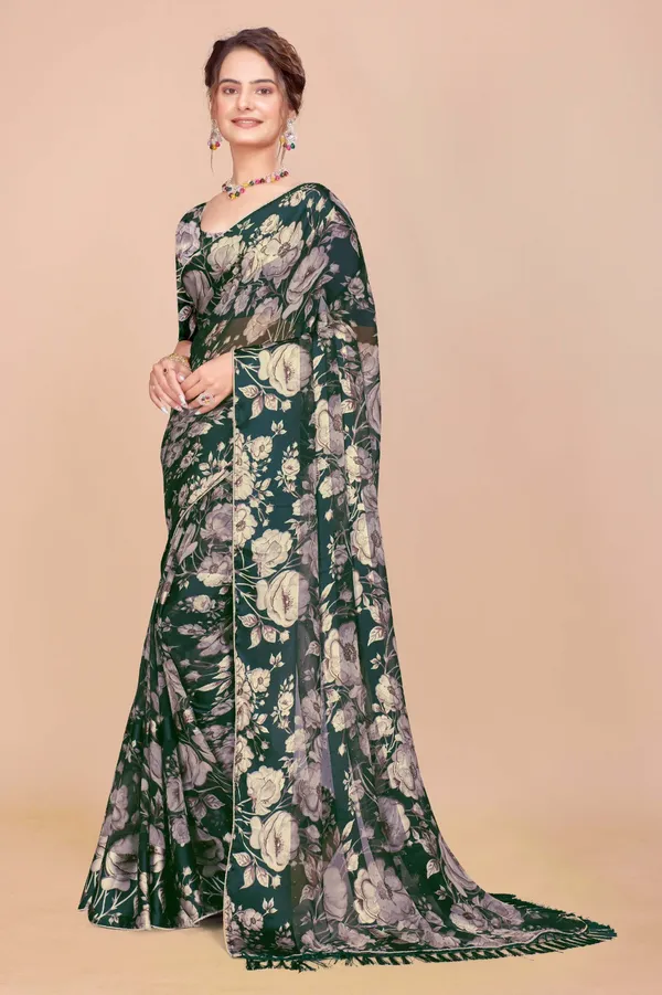 Dark_Green_Floral_Print_Saree_For_Women
