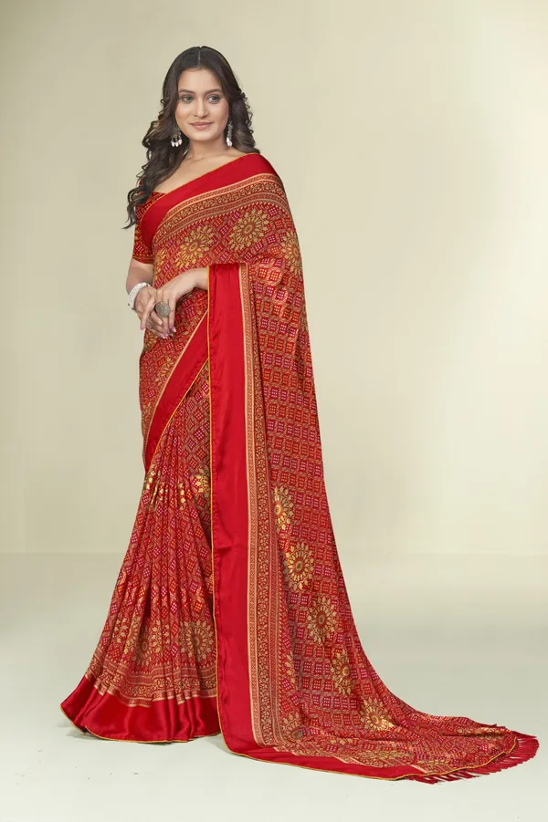 Red_Bandhani_Print_Saree_With_Golden_Zari_Work_And_Border