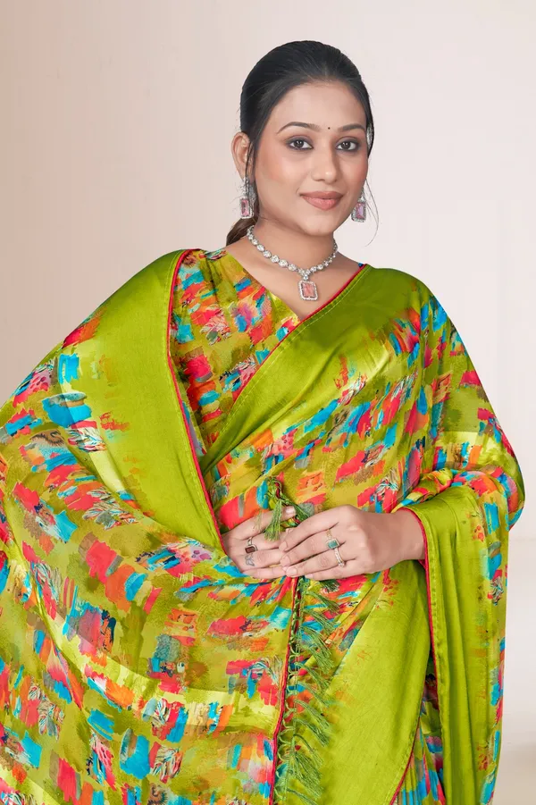 Vibrant_Green_Silk_Saree_With_Multicolor_Abstract_Print_And_Tasseled_Border