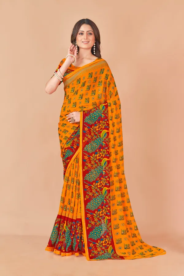Vibrant_Multicolor_Peacock_Print_Saree_With_Orange_Border