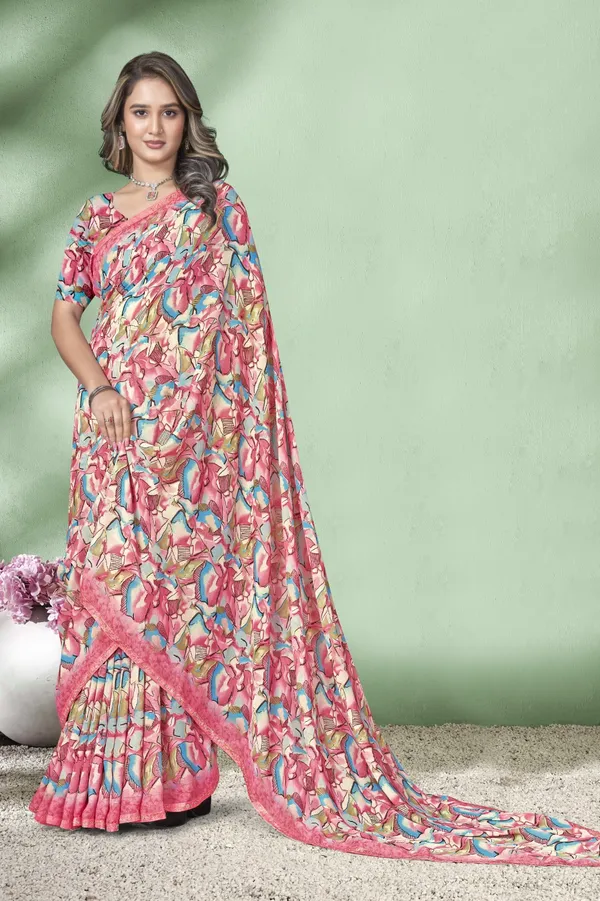 Pink_Floral_Print_Saree_With_Matching_Blouse
