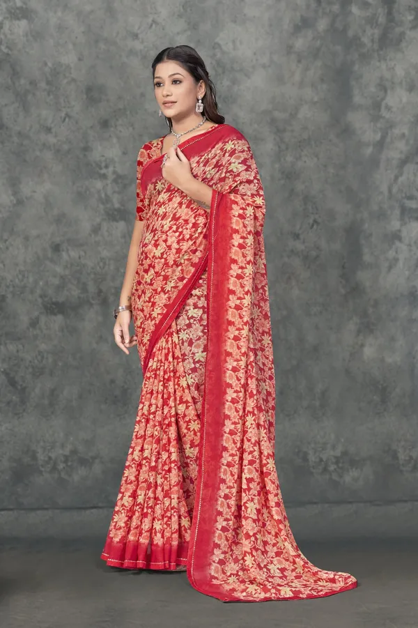 Red_And_Beige_Floral_Print_Saree_With_Blouse