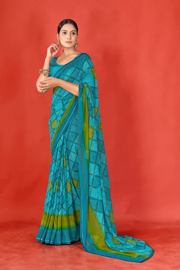 Turquoise_Blue_And_Green_Bandhani_Print_Saree_With_Blouse
