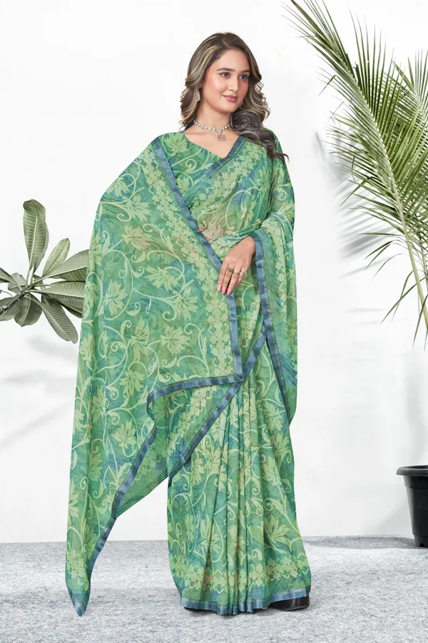 Green_Floral_Printed_Saree_With_Blue_Border