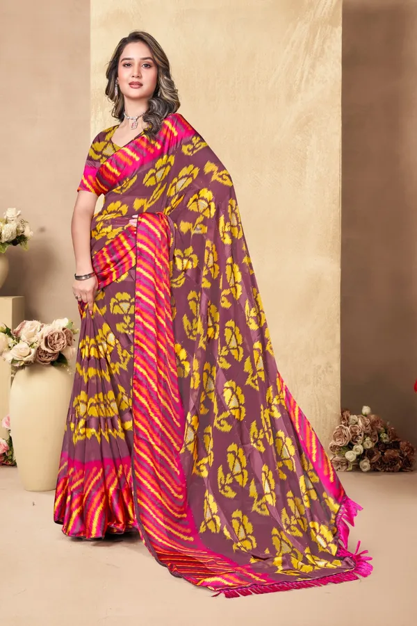 Traditional_Brown_&_Yellow_Printed_Silk_Saree_With_Pink_Border