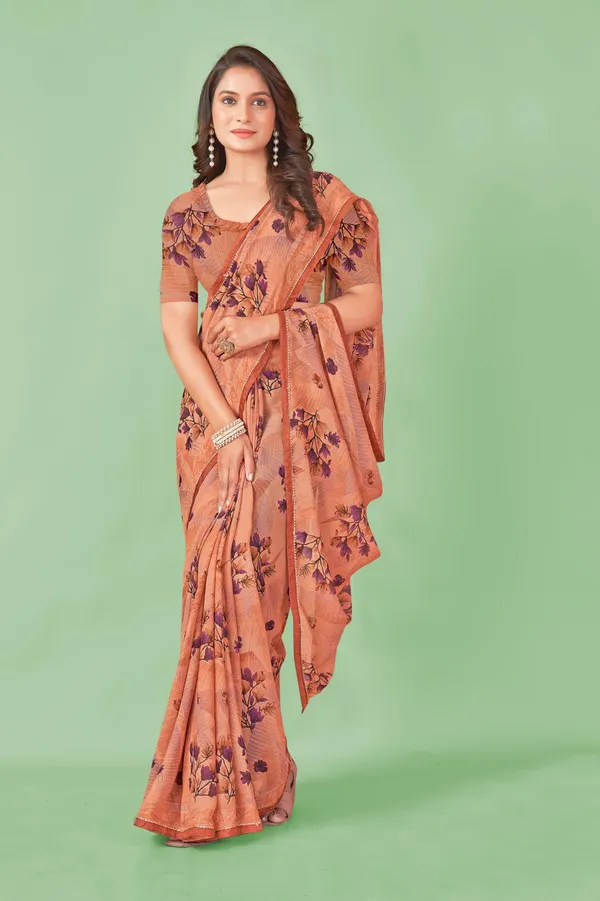 Peach_Floral_Print_Saree_With_Matching_Blouse