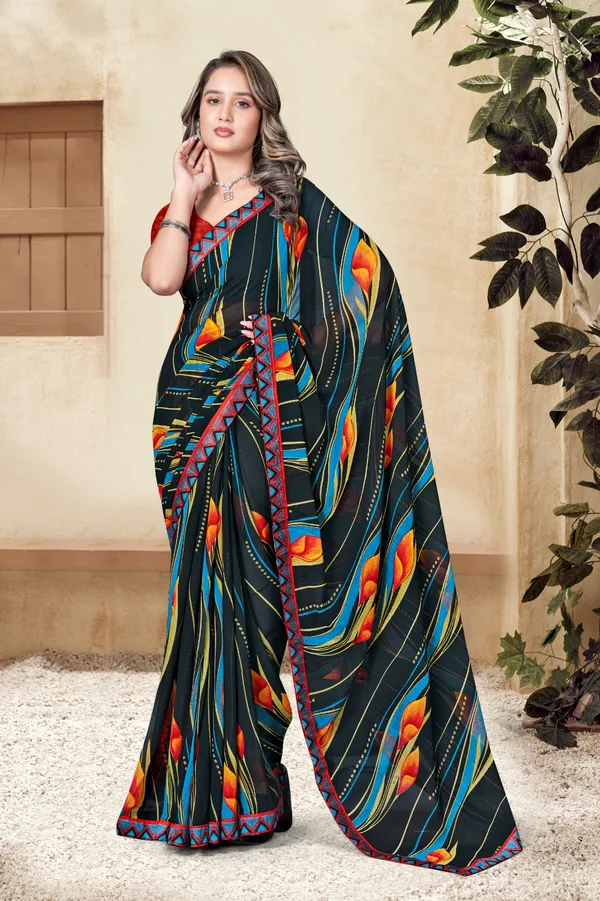 Black_Printed_Saree_With_Colorful_Wave_Pattern_And_Red_Border