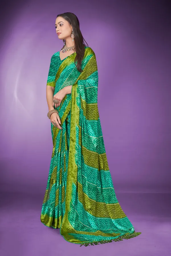 Teal_And_Lime_Green_Bandhani_Silk_Saree_With_Zari_Border