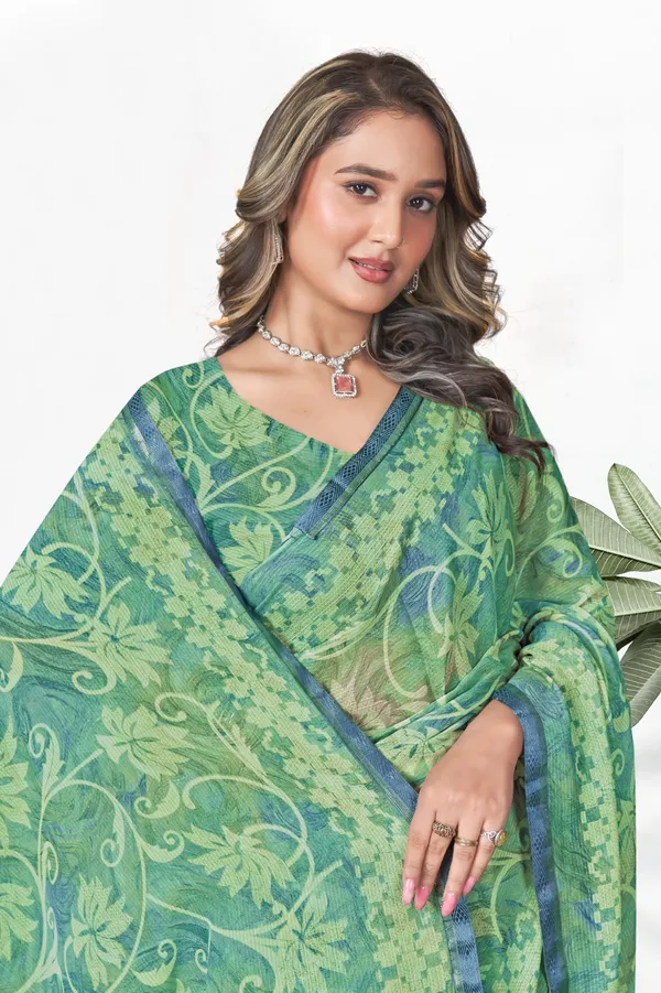 Green_Floral_Printed_Saree_With_Blue_Border