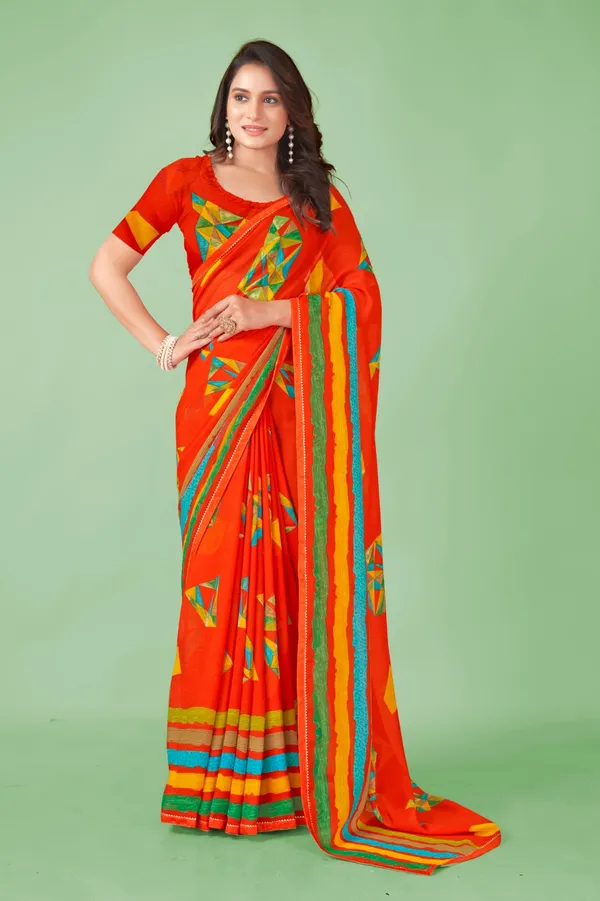 Orange_Saree_With_Geometric_Print_And_Colorful_Border
