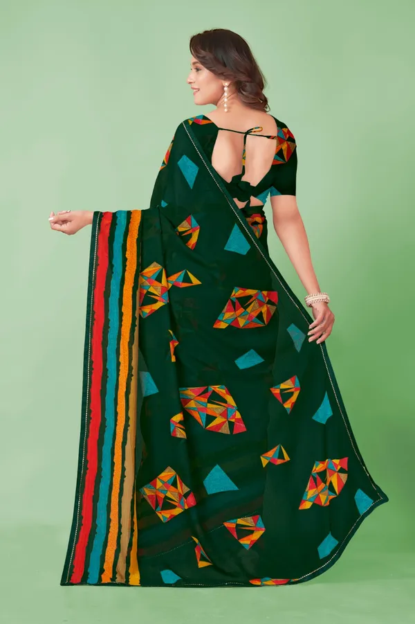 Dark_Green_Geometric_Print_Saree_With_Colorful_Border